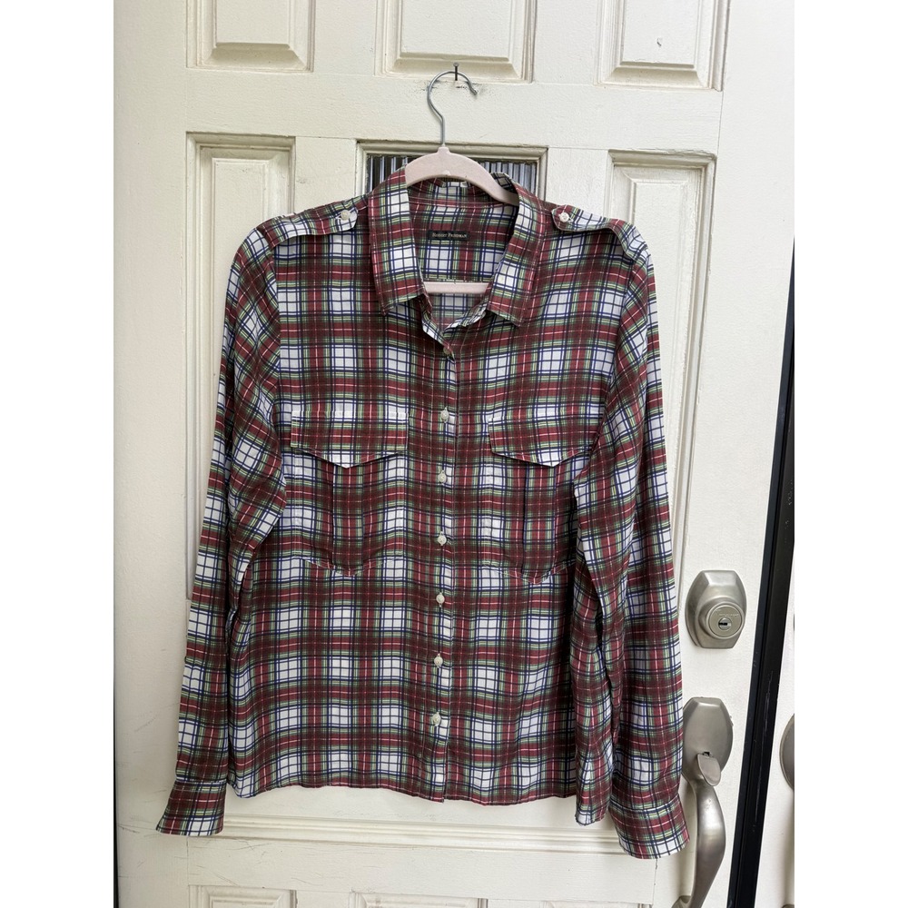 Robert Friedman Womens Red Green Plaid 100% Silk Button Down Shirt Size XL
